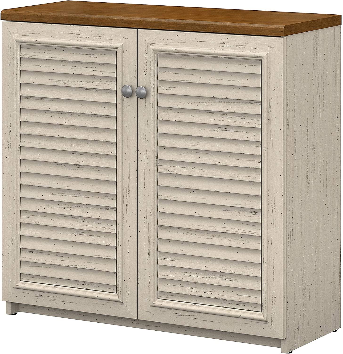 Bush Furniture Fairview Small Storage Cabinet with Doors in Antique White and Tea Maple