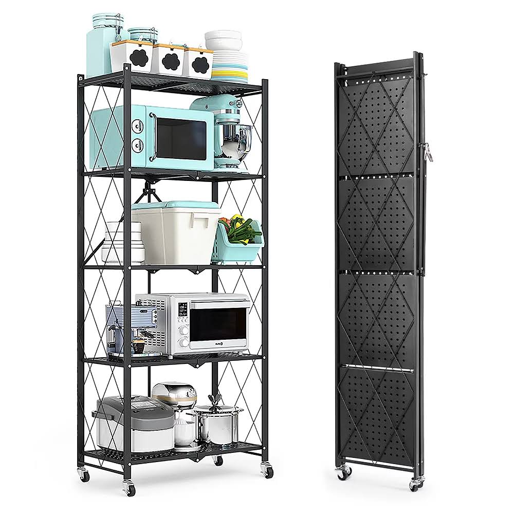 COOKCOK 5-Tier Storage Shelving Unit,Heavy Duty Metal Shelf 28.03 x12.2 x62.5,Foldable Storage Shelf with Wheels,Garage Shelf,Metal Storage Rack,Kitchen Shelf,No Assemble Required,1250lbs Capacity