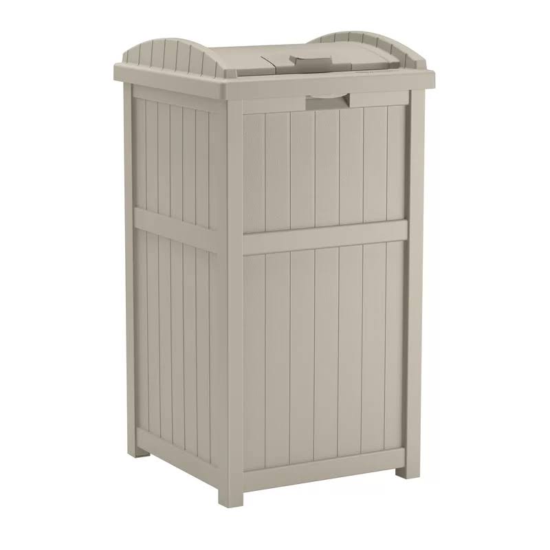 GH1732 33 Gallon Hideaway Trash Can for Patio   Resin Outdoor Trash with Lid   Use in Backyard, Deck, or Patio   Taupe