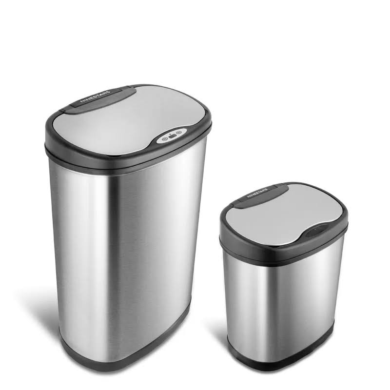 NINESTARS CB-DZT-50-13/12-13 Automatic Touchless Infrared Motion Sensor Trash Can Combo Set, 13 Gal 50L   3 Gal 12L, Stainless Steel Base (Oval, Silver/Black Lid)