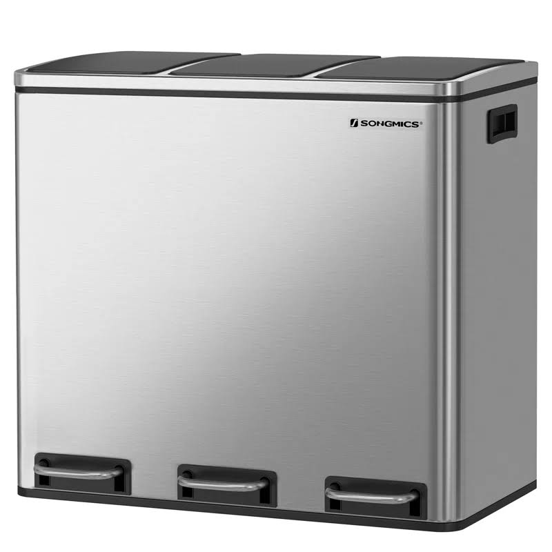 SONGMICS ULTB54NL Trash Can, 3 x 4.8 Gallon Garbage Can, 14.4 Gallon Recycle Bin with Soft-Close Lids, Pedals, and Inner Buckets for Kitchen, Stainless Steel, Silver and Black