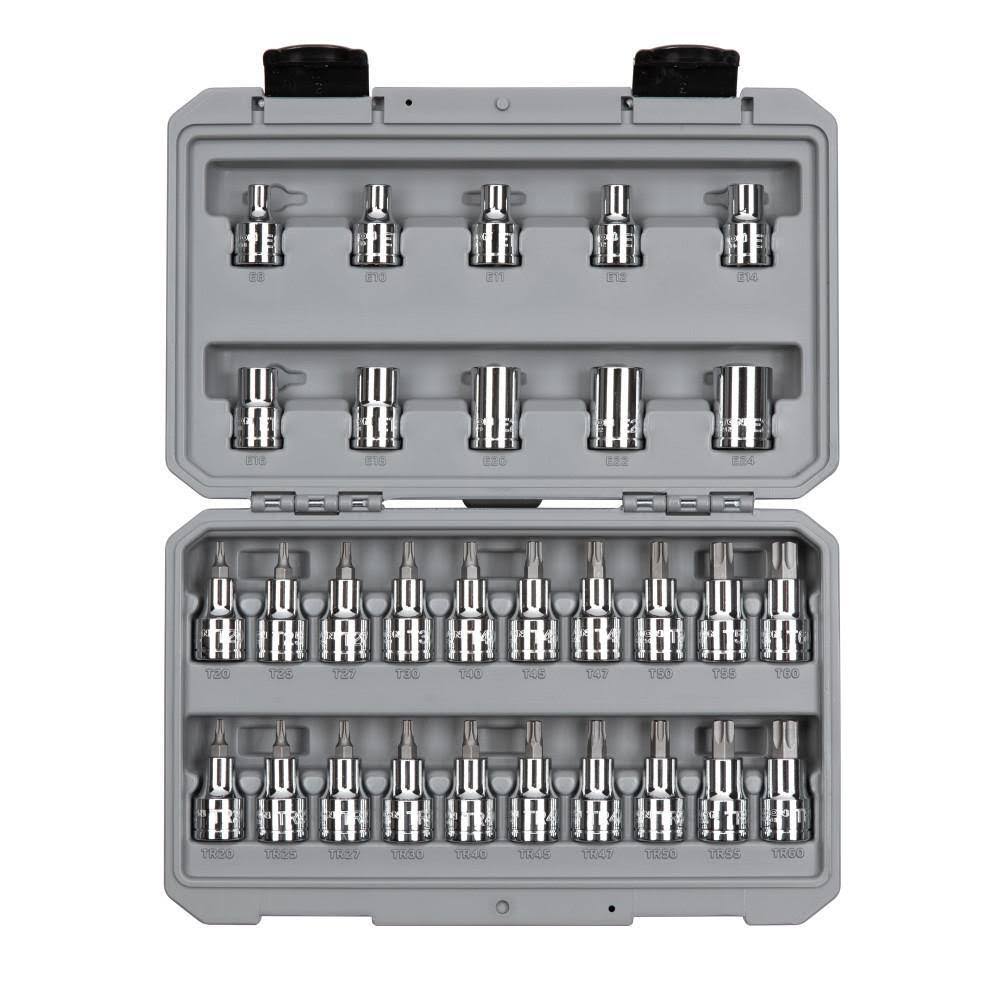 SKT25402 1/2 Inch Drive Torx/TR Torx Bit   External Star Socket Set, 30-Piece (T20-T60, TR20-TR60, E8-E24)