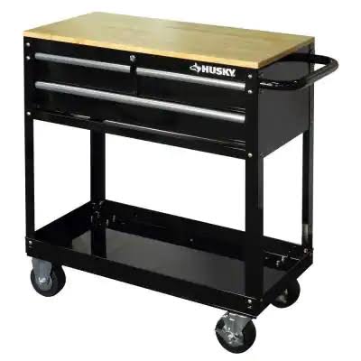 HOUC3603B1QWK 36 in. W x 17 in. D Standard Duty 3-Drawer Rolling Tool Cart with Hardwood Top in Gloss Black