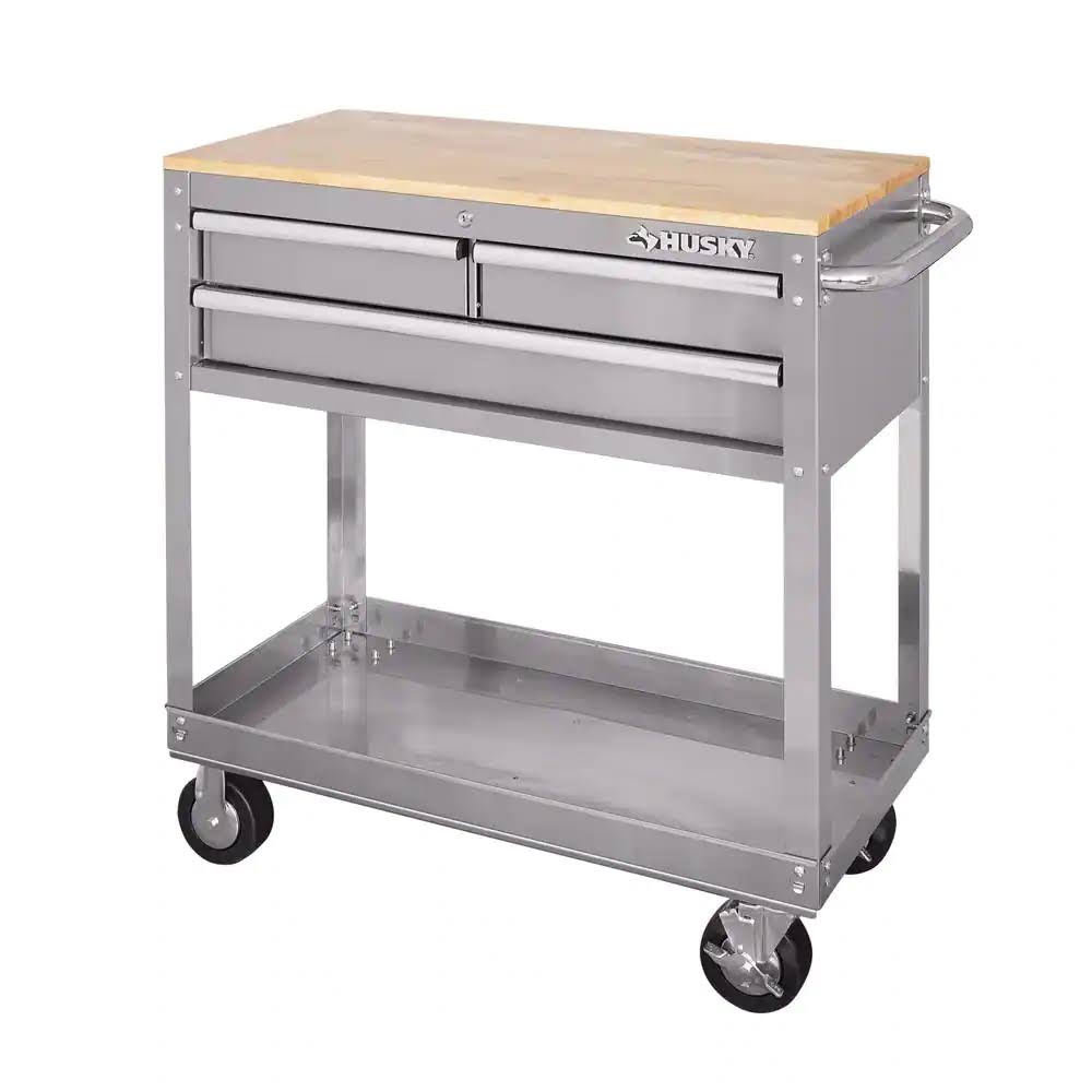 HOUC3603BJX1 36 in. 3-Drawer with Solid Wood Top, Stainless Steel Utility Cart