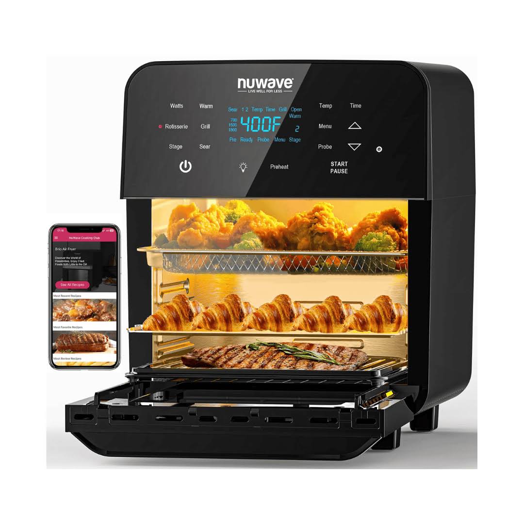 Nuwave Brio 15.5Qt Air Fryer Rotisserie Oven, X-Large Family Size, Powerful 1800W, 4 Rack Positions