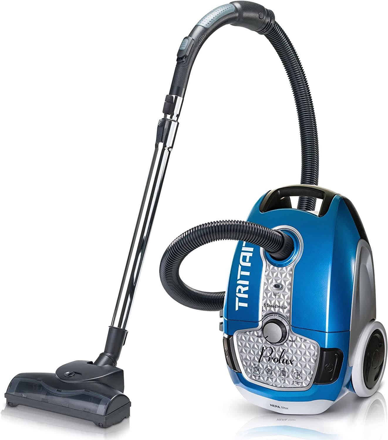 Tritan Bagged Canister Vacuum with HEPA Filtration and Complete Home Care Tool Kit, Tritan Blue