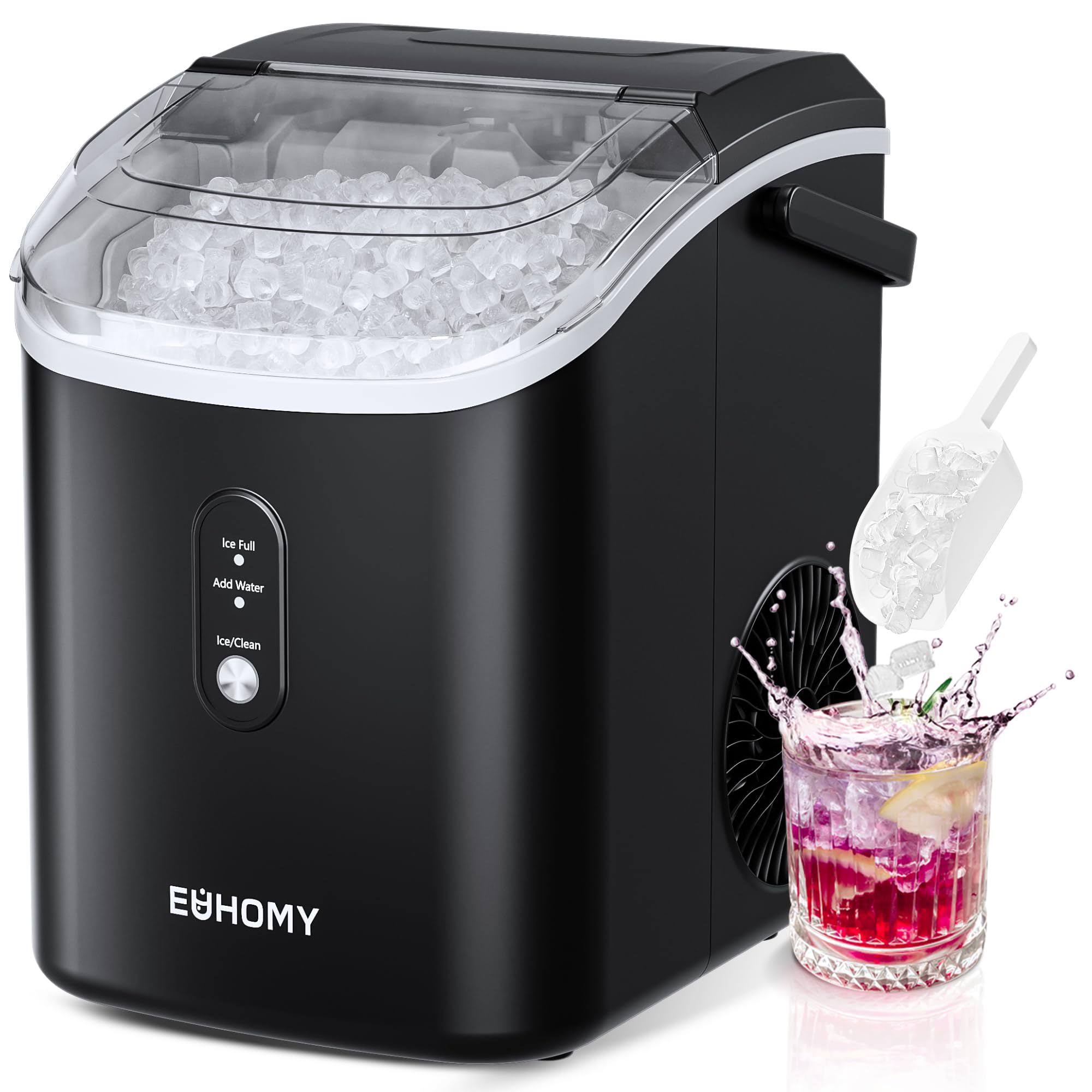 EUHOMY Nugget Ice Maker Countertop with Handle, Ready in 6 Mins, 34lbs/24H, Black