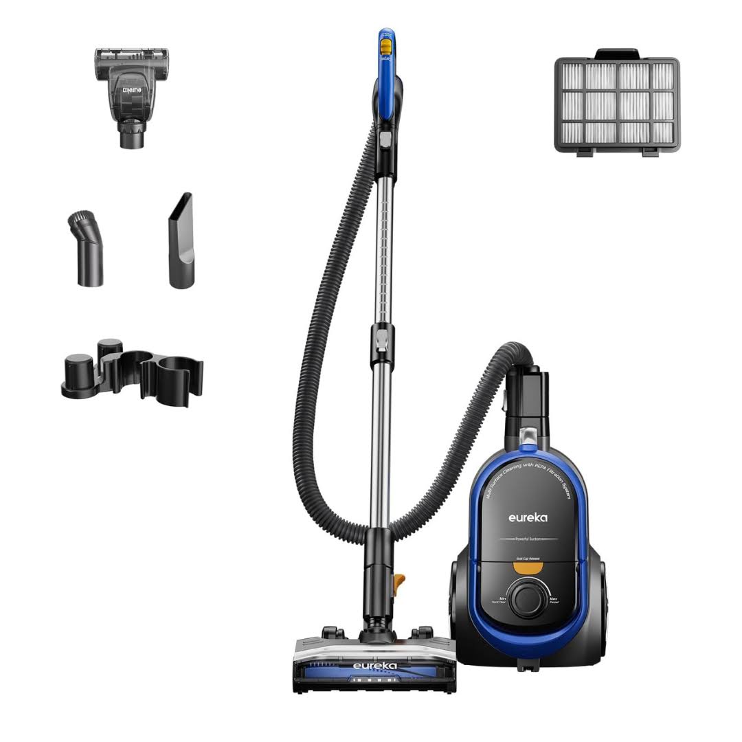 Eureka Bagless Canister Pet Friendly Vacuum Cleaner for Home with 2 Motors, Retractable Cord, and 4 Cleaning Tools, NEN186BL, Blue