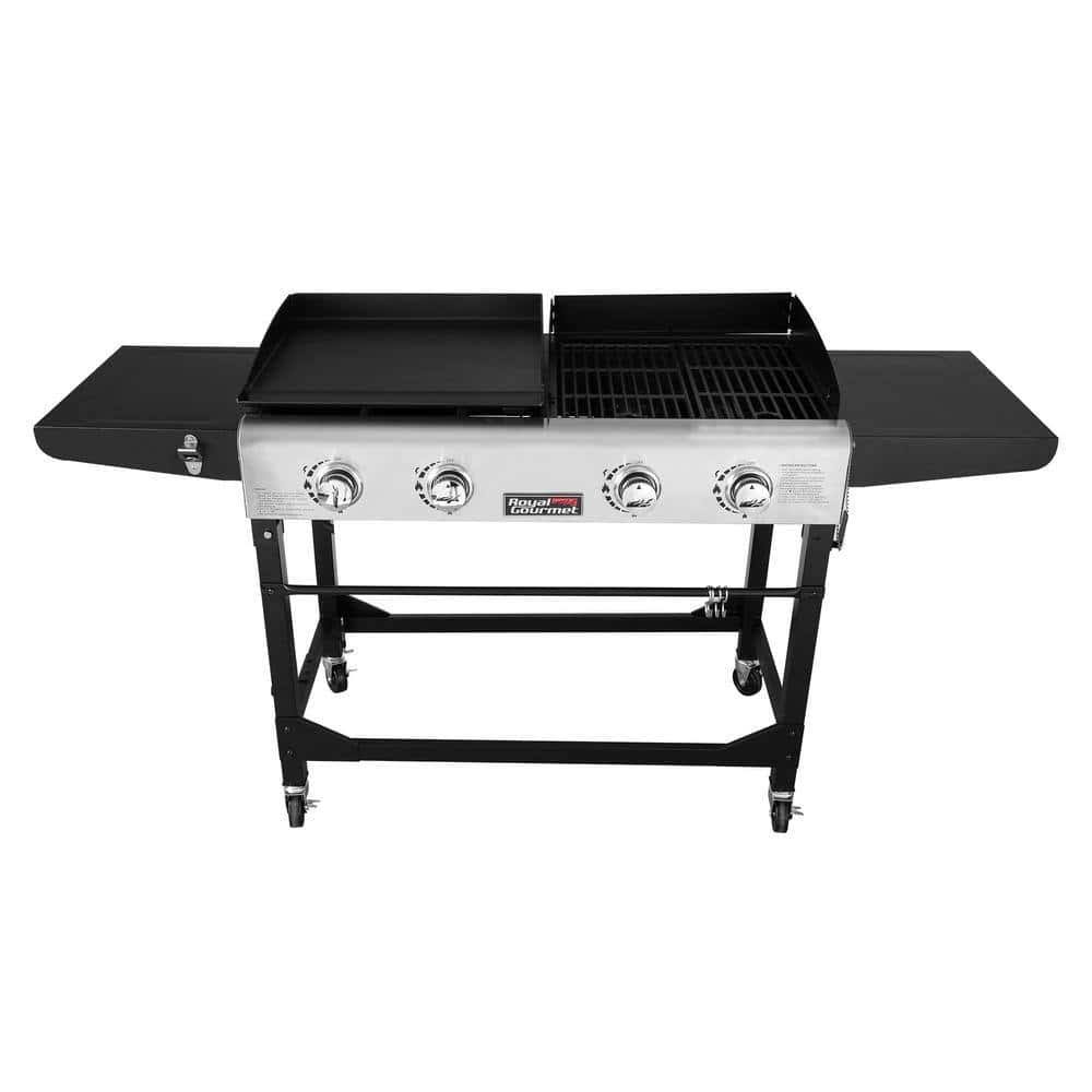 GD401 4-Burners Portable Propane Gas Grill and Griddle Combo Grills in Black with Side Tables