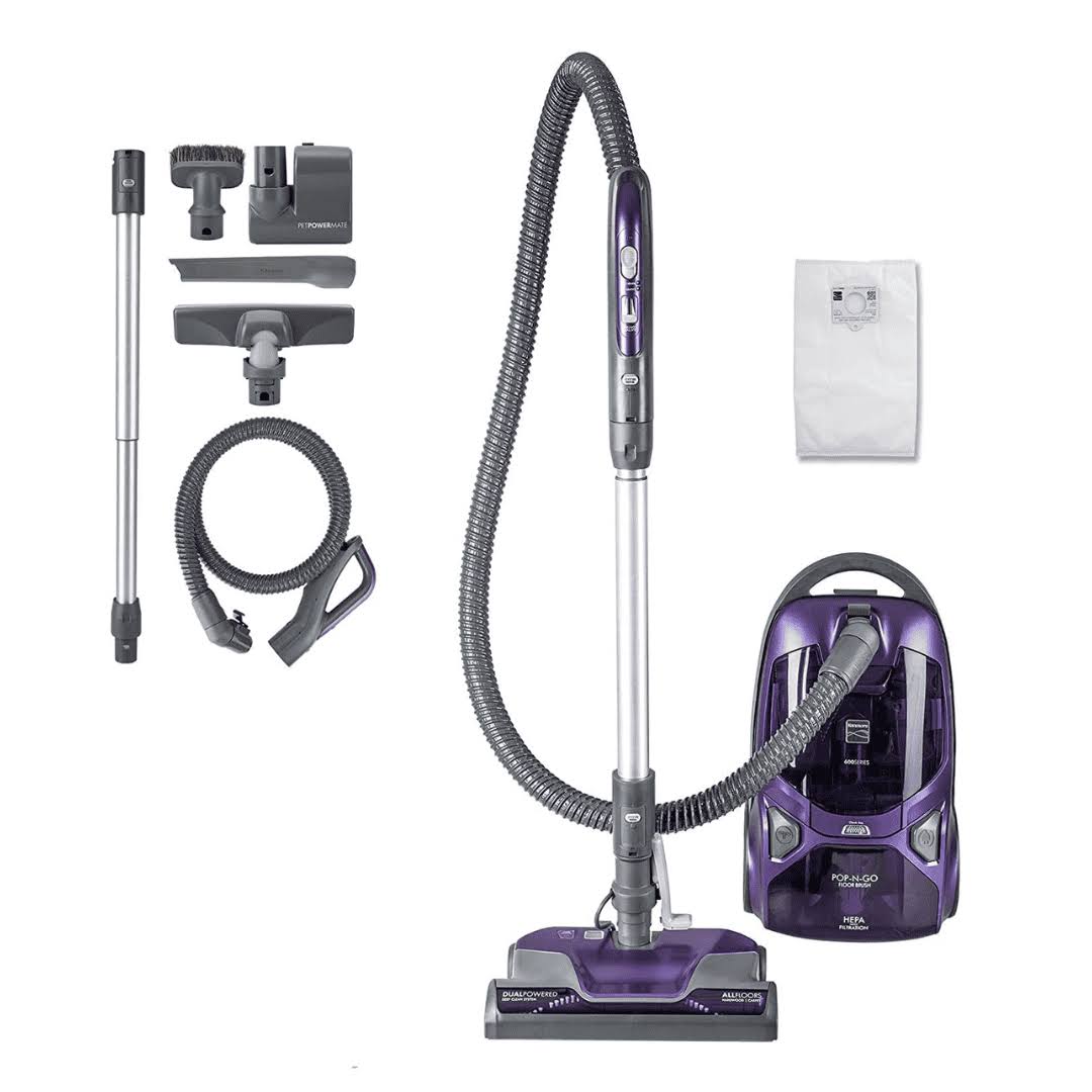 600 Series Friendly Lightweight Bagged Canister Vacuum with Pet PowerMate, 4 Cleaning Tools, Purple