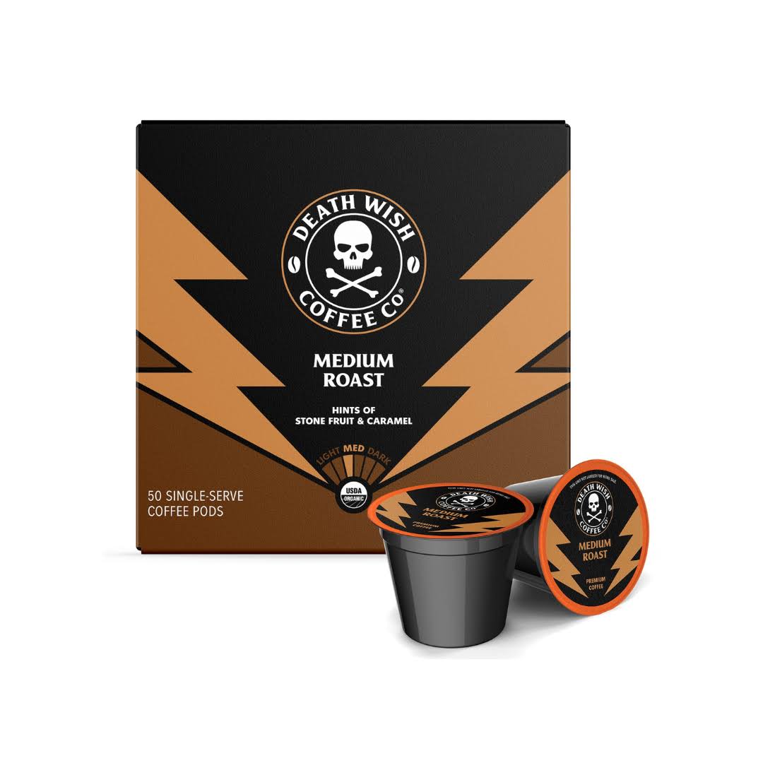 Death Wish Coffee Co. Medium Roast Single Serve Pods   Extra Kick of Caffeine   Lighter Blend of Bold Arabica   Robusta Beans (50 Count)