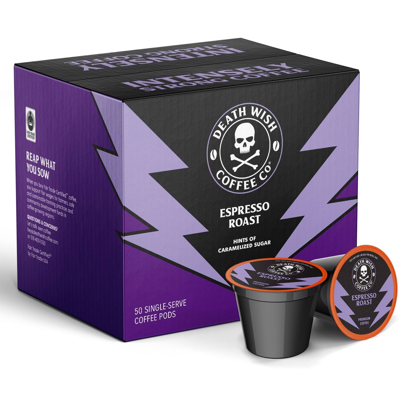 Death Wish Coffee Co. Espresso Roast Single Serve Coffee Pods   Extra Kick of Caffeine   Fair Trade and Organic Coffee (50 Count)