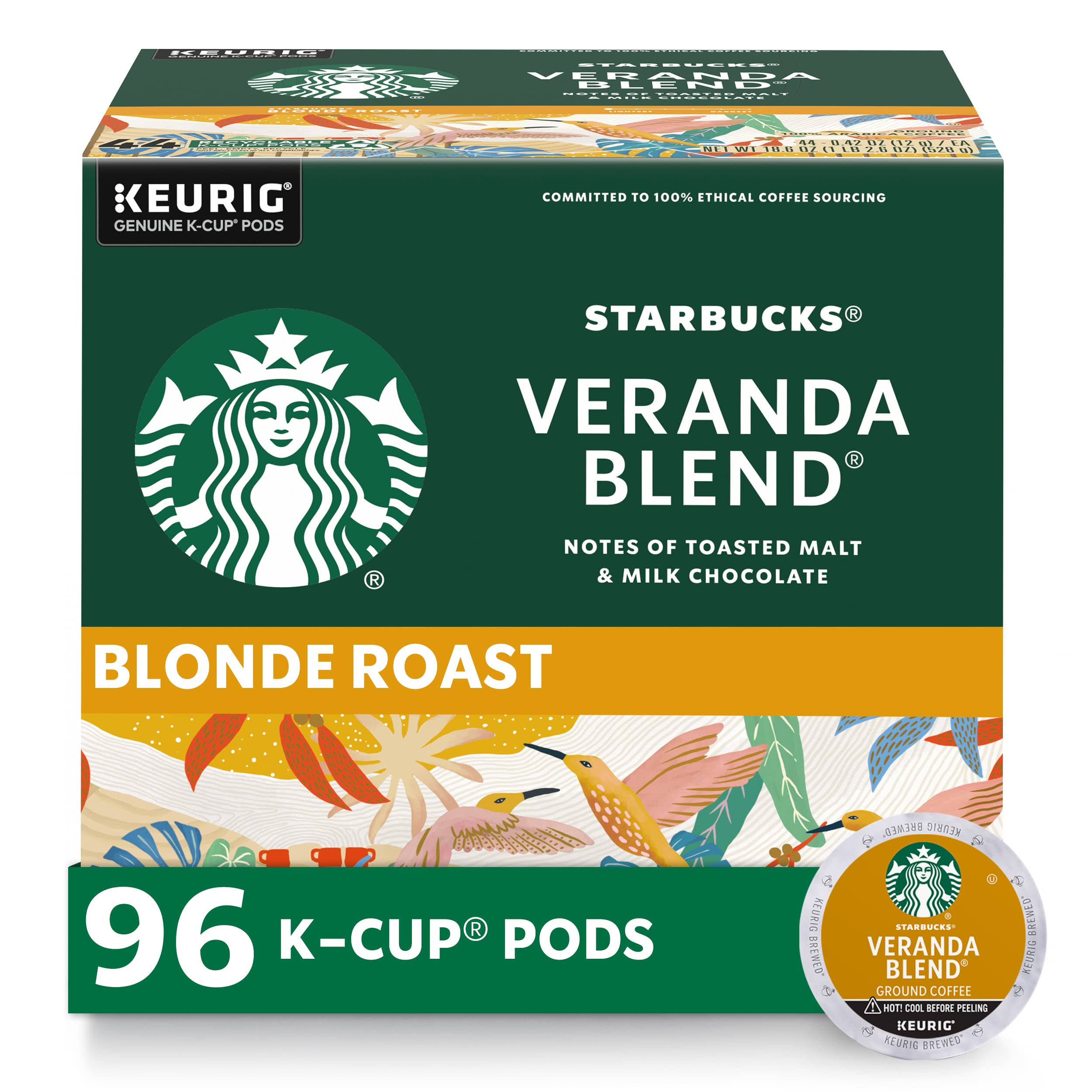 Starbucks K-Cup Coffee Pods, Starbucks Blonde Roast Coffee, Veranda Blend for  Brewers, 4 boxes (96 pods total)