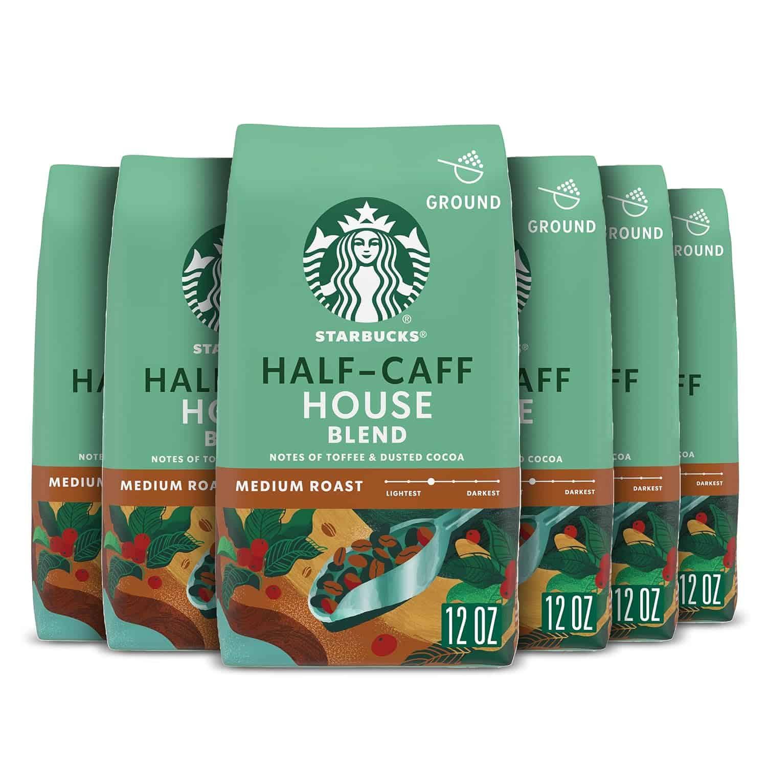 Starbucks Ground Coffee, Medium Roast Coffee, Half-Caff House Blend, Arabica, 6 Bags (12 oz each)