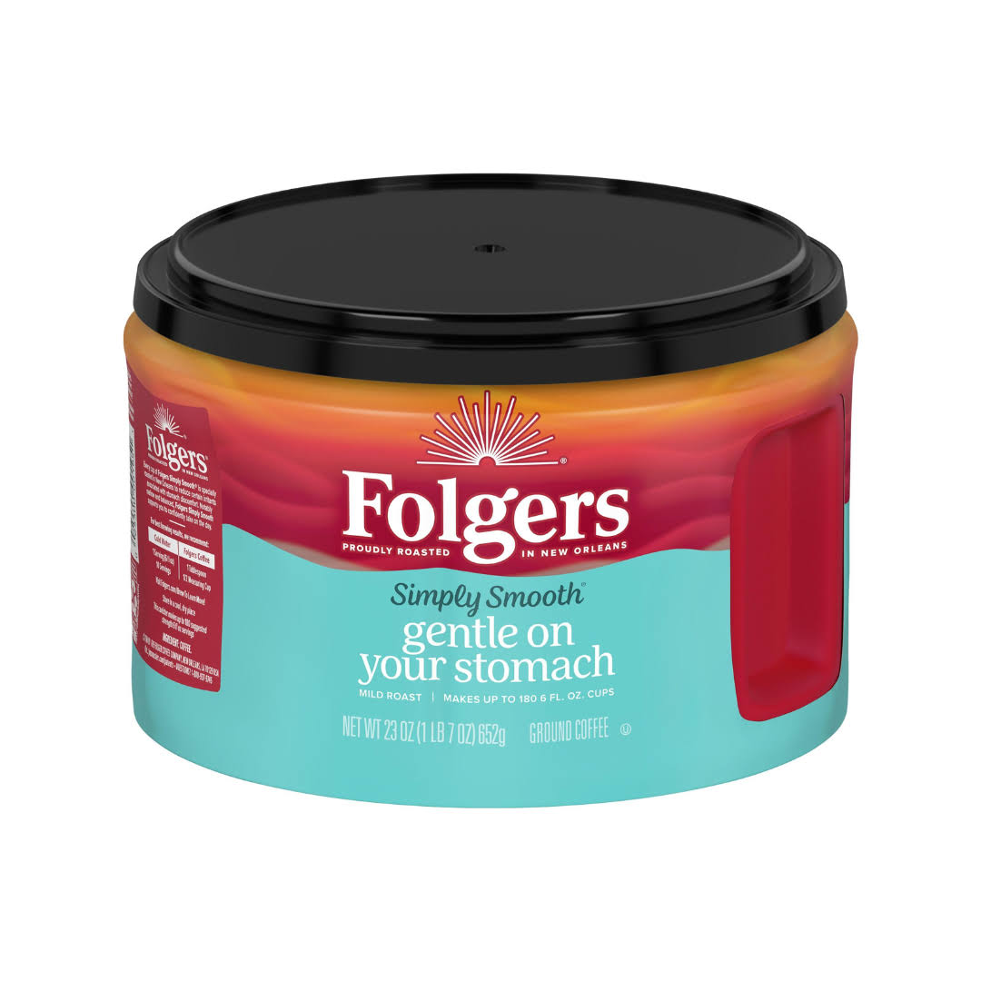 Folgers Simply Smooth Mild Roast Ground Coffee, 23 Ounce (Pack of 6), Gentle on Your Stomach