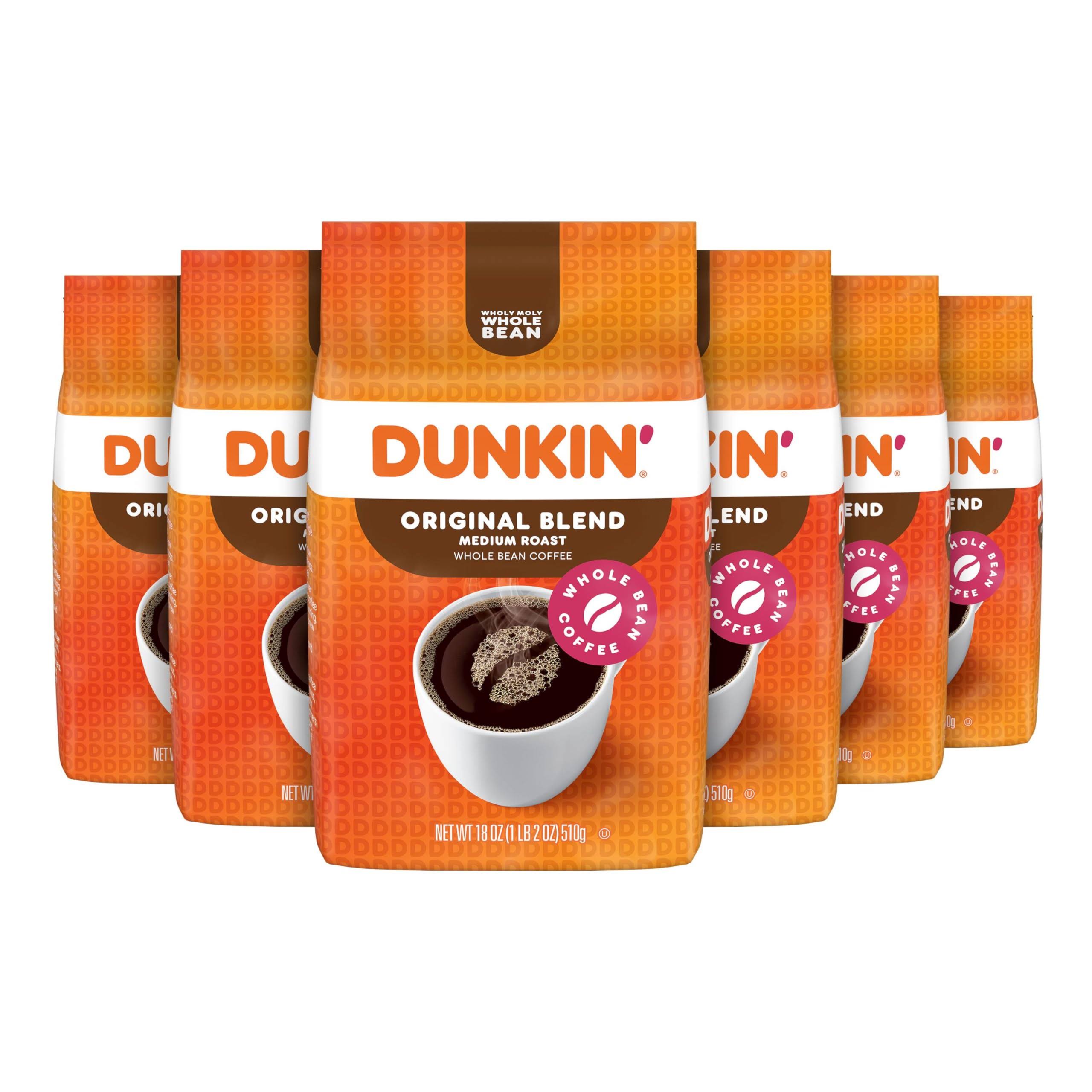Dunkin  Original Blend Medium Roast Whole Bean Coffee, 18 Ounces (Pack of 6)