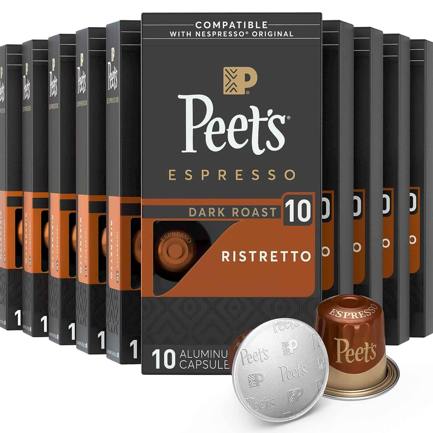 Peet s Coffee, Dark Roast Espresso Pods Compatible, Ristretto Intensity 10, 100 Count (10 Boxes of 10 Espresso Capsules)