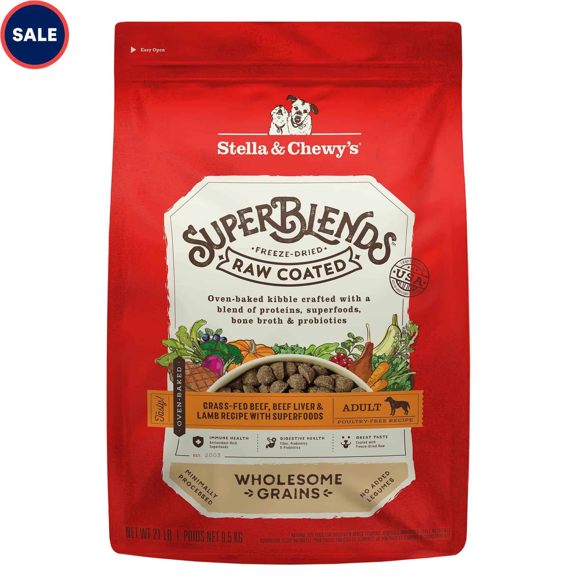 Stella   Chewy s SuperBlends Raw Coated Wholesome Grains Grass-Fed Beef, Beef Liver   Lamb Recipe Dry Dog Food, 21 lbs.