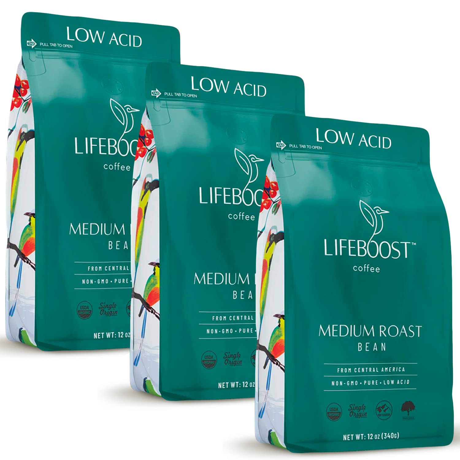 Lifeboost Coffee 3 Pack Medium Roast Whole Bean Coffee   Low Acid Single Origin GBPA Organic Coffee   12 Ounces