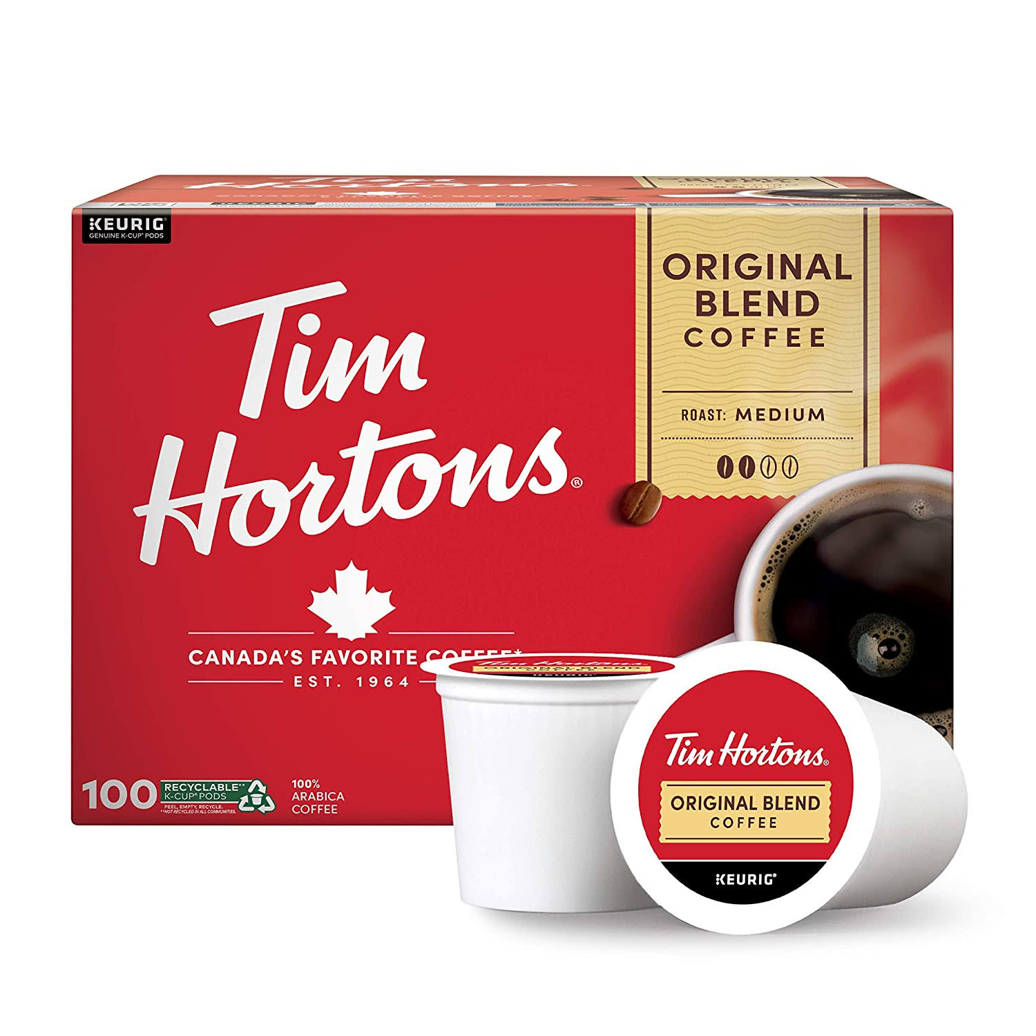 Tim Hortons Original Blend Medium Roast Coffee, Single-Serve K-Cup Pods Compatible with  Brewers, 100ct K-Cups