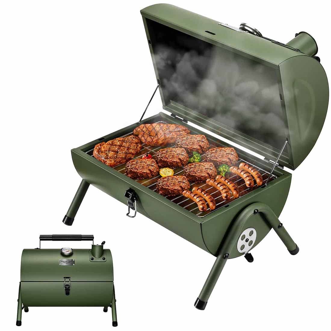 MAISON HUIS Adjustable Portable Charcoal Grill Multi-functional Metal Small BBQ Smoker for Outdoor Hiking Picnic (Green)