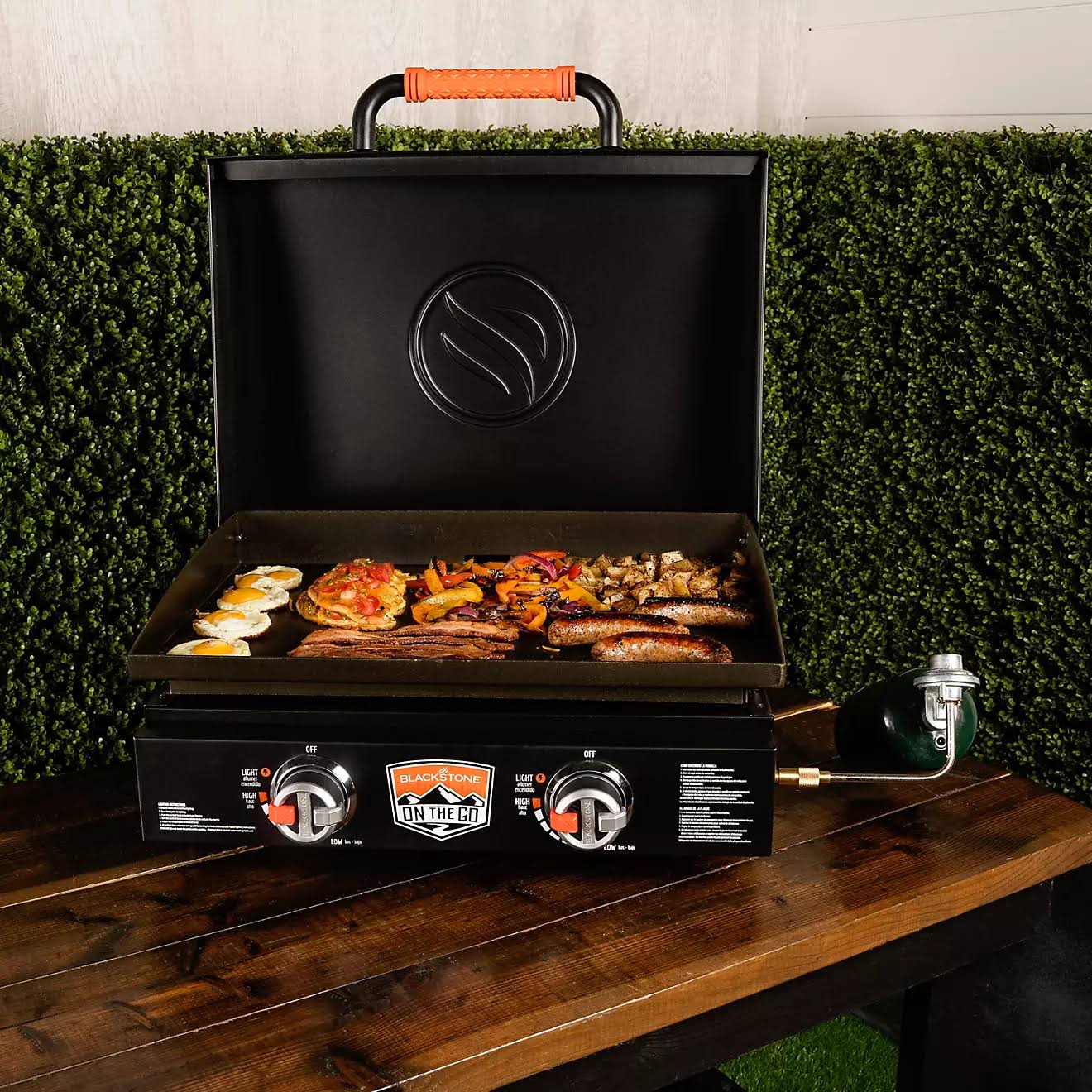On-The-Go 22 in 2-Burner Tabletop Gas Griddle with Hood