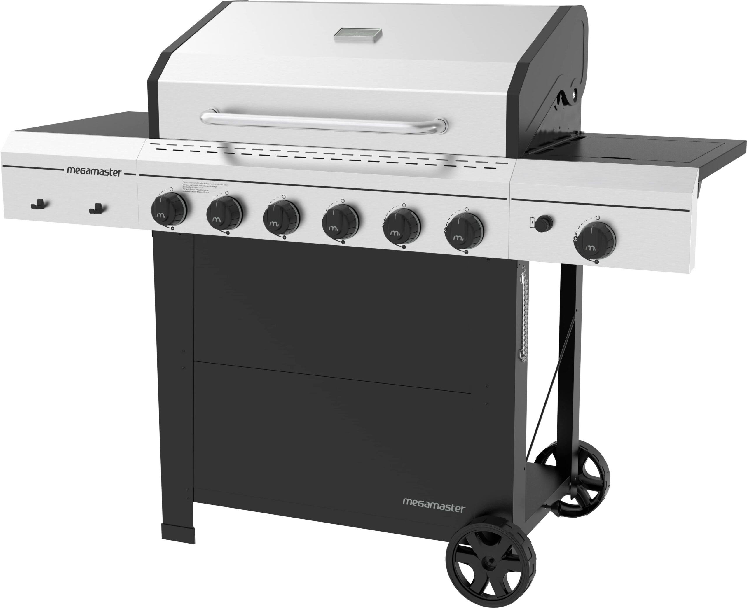 Megamaster 6   Burner Free Standing Liquid Propane 63000 BTU Gas Grill with Side Burner and Cabinet