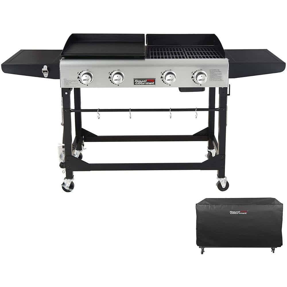 GD401C 4-Burners Portable Propane Gas Grill and Griddle Combo Grills in Black with Side Tables with Cover