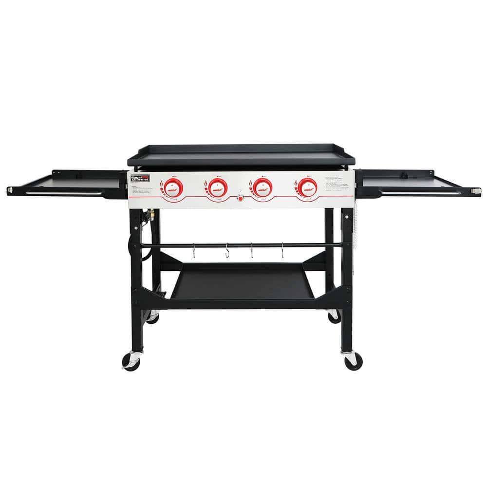 GB4000F 36 in. 4-Burner Propane BBQ Grill in Black Flat Top Gas Griddle with Top Cover Lid, for Large Outdoor Camping
