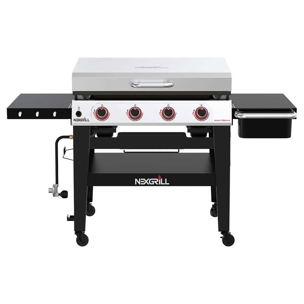 Nexgrill 720-1058 Daytona 4-Burner Propane Gas Grill 36 in. Flat Top Griddle in Black with Stainless Steel Lid