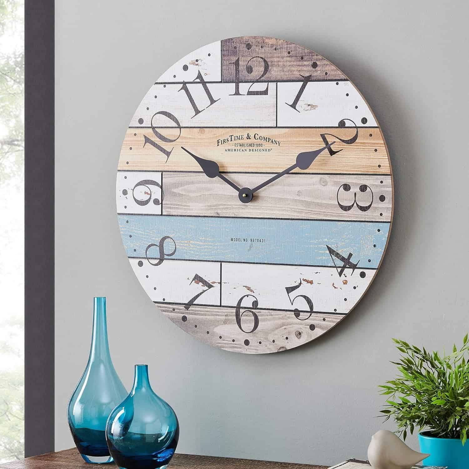 FirsTime   Co. Multicolor Newton Woodgrain Wall Clock, Large Vintage Decor, 23.5 Inches