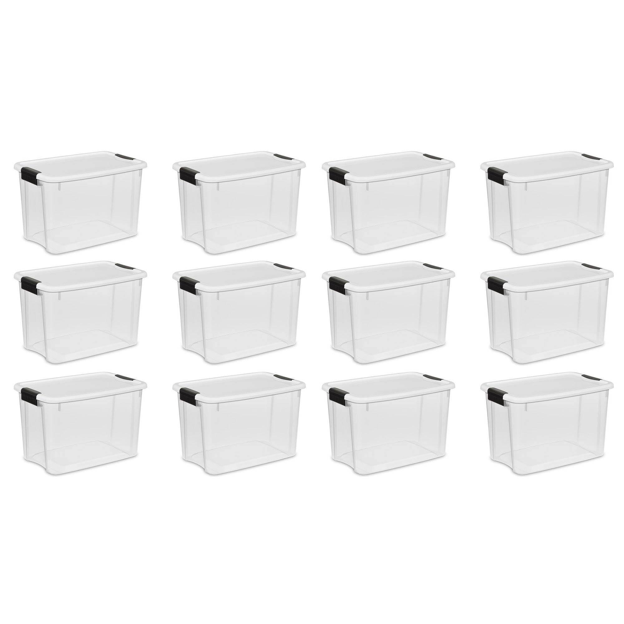 30 Quart Clear Plastic Storage Bin with White Latch Lid, 12 Pack