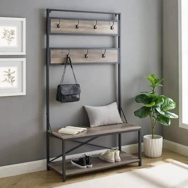 Walker Edison Furniture Company 72 in. Grey Wash Industrial Metal and Wood Hall Tree