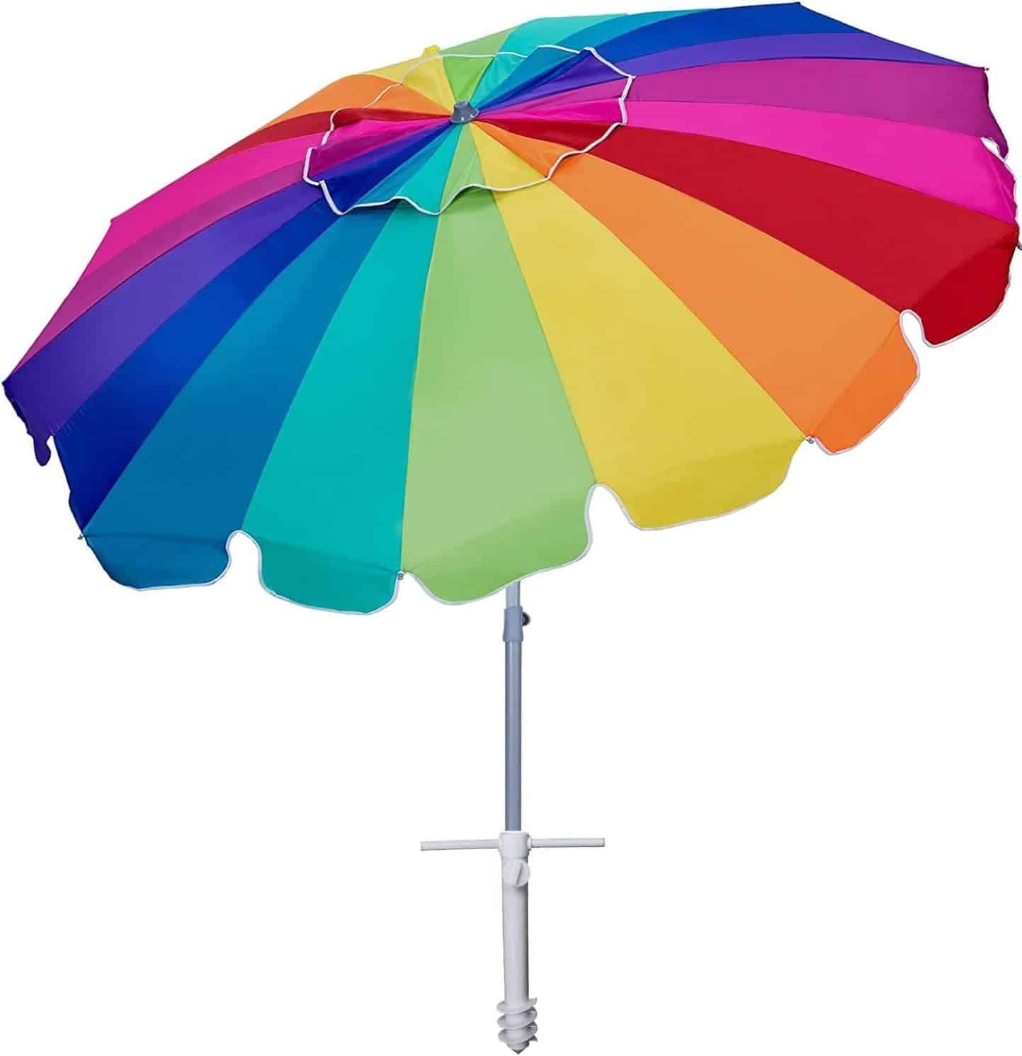 AMMSUN 7.5ft Heavy Duty HIGH Wind Beach Umbrella with sand anchor   Tilt Sun Shelter (Rainbow)