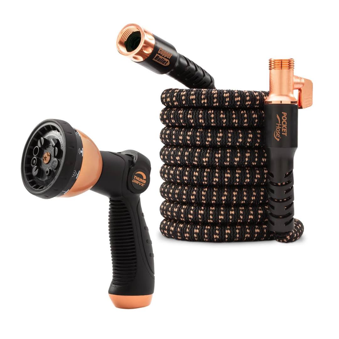 Pocket Hose Copper Bullet Expandable Garden Hose w/10 Pattern Thumb Spray Nozzle