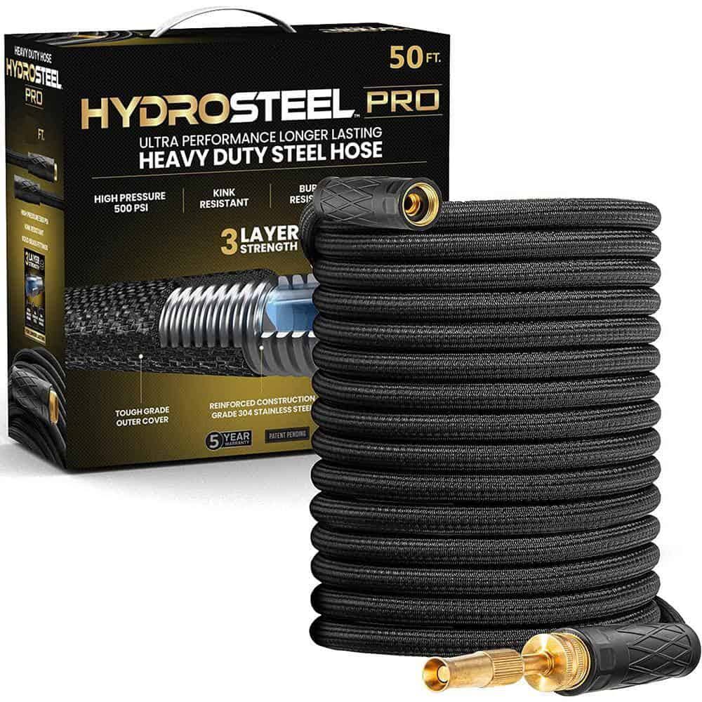 HydroSteel 8586 Pro 50 ft. Heavy-Duty Flexible Lightweight 304 Stainless Steel Metal Water Hose with Brass Nozzle