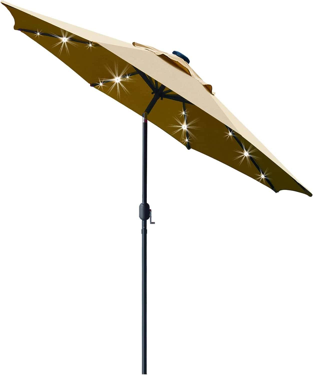 Sunnyglade 9  Solar LED Lighted Patio Umbrella with 8 Ribs/Tilt Adjustment and Crank Lift System (Light Tan)