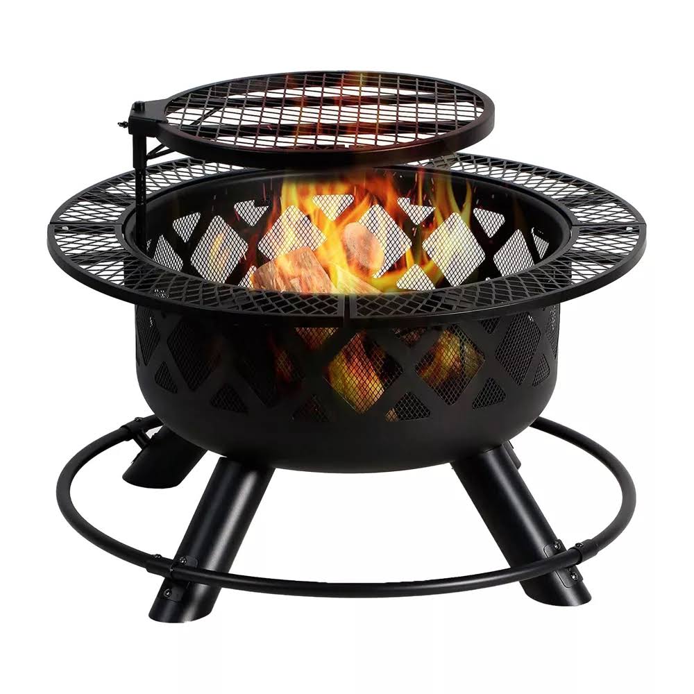 Four Seasons Courtyard 24  Steel Wood Burning Fire Pit with Removable 360 Degree Swivel Cooking Grill   Collapsible Log Rack for Backyard Patios