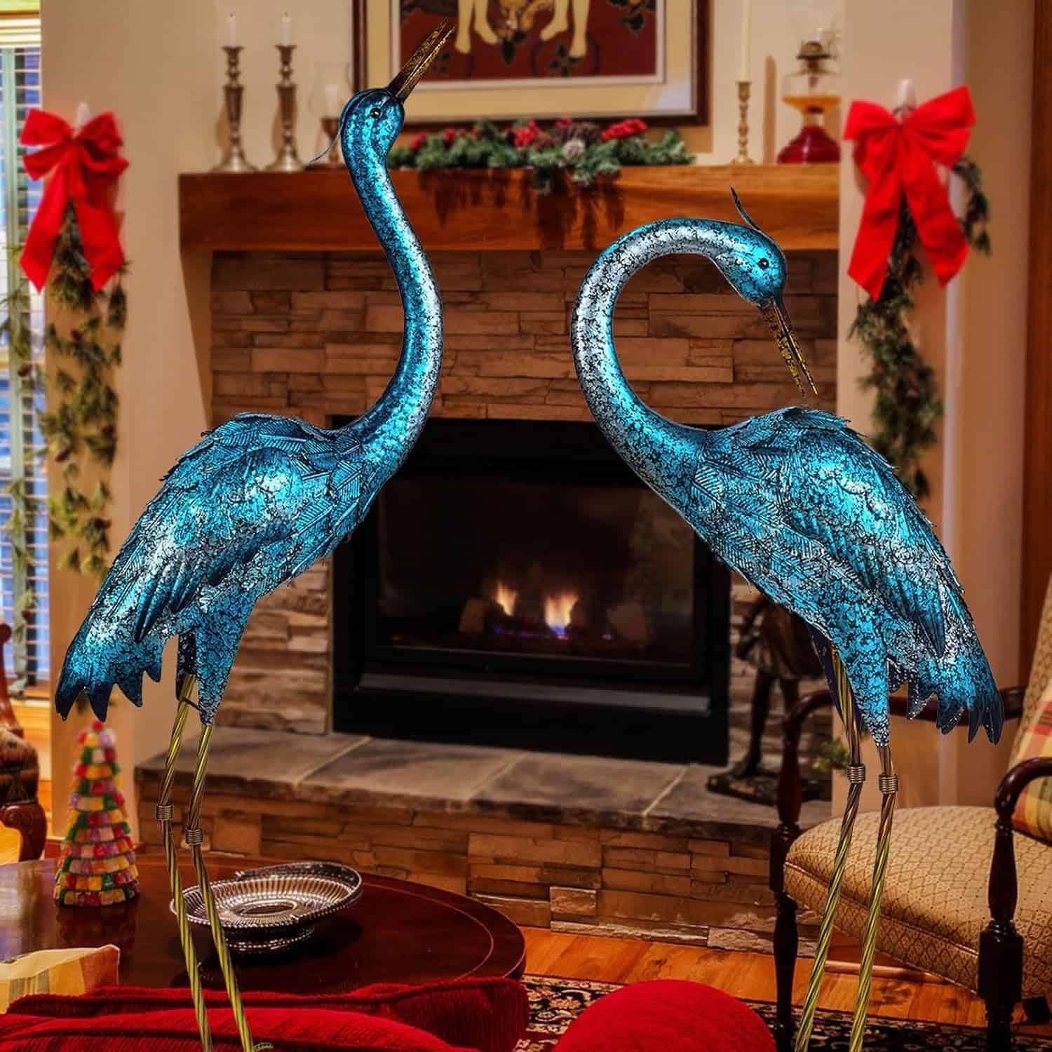Kircust Garden Sculpture   Statues, Blue Heron Lawn Ornaments Standing Metal Crane Yard Art Large Size Bird Decoy, Set of 2