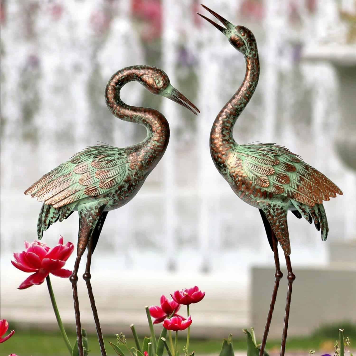 Shorayn Garden Crane Statues, Blue Heron Sculptures for Outdoor, Cranes Decor Metal Bird