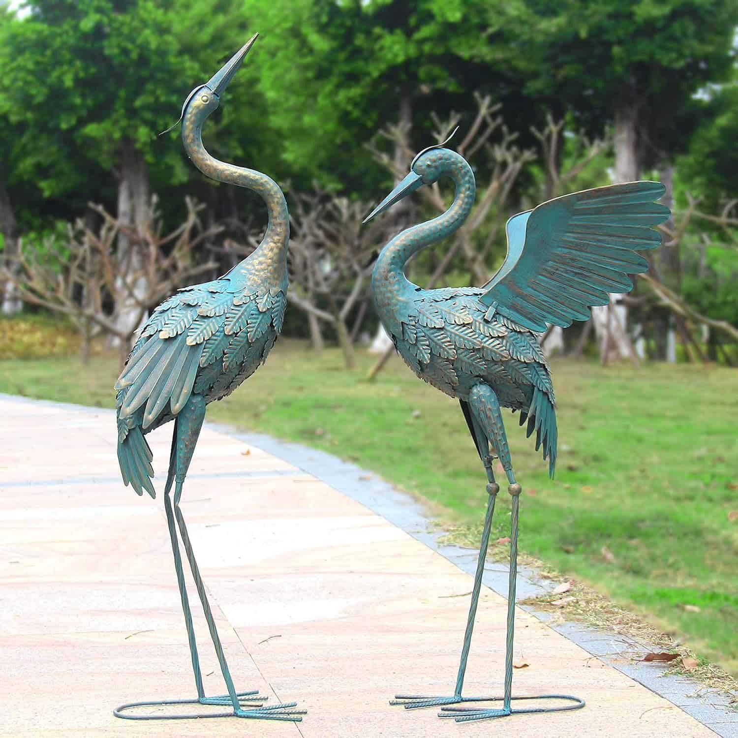 Oritty 33-37 Inch Metal Crane Garden Statue Décor, Bird Garden Sculpture   Statues, Set of 2
