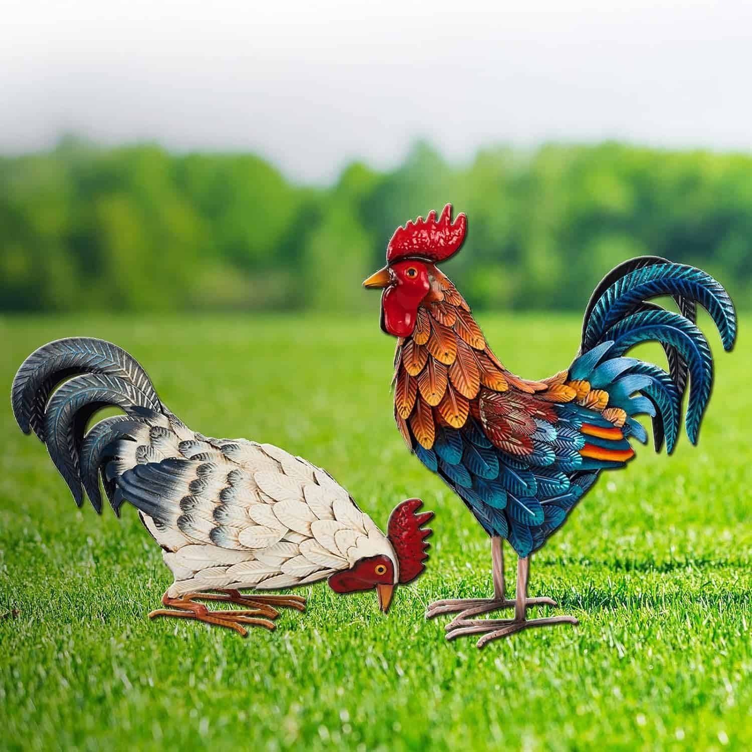 Shorayn Metal Rooster Statues, Outdoor Garden Statues, Metal Chicken Decor, Set of 2