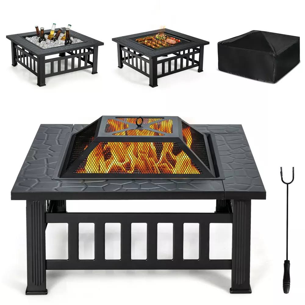 32  3 in 1 Outdoor Square Fire Pit Table W/ BBQ Grill, Rain Cover for Camping