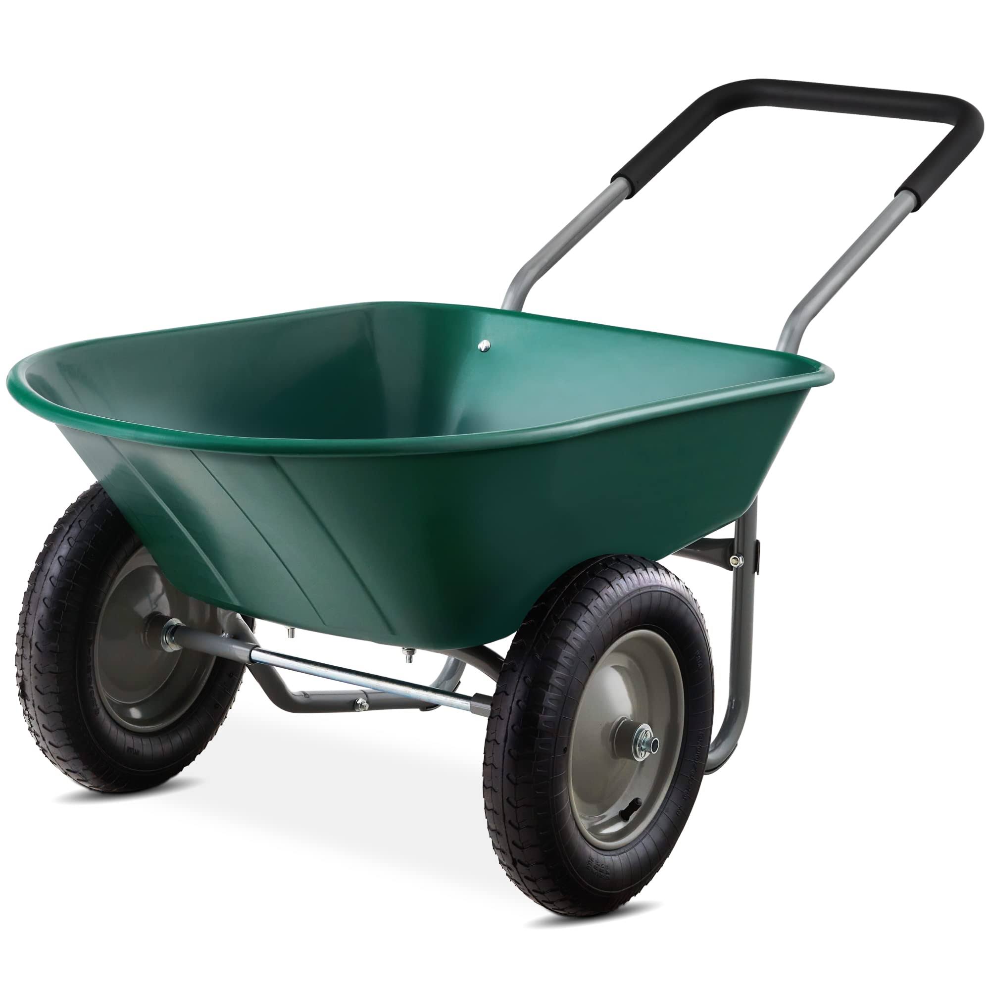 Best Choice Products Dual-Wheel Home Utility Yard Wheelbarrow Garden Cart w/Built-in Stand for Lawn, Gardening, Construction   Green