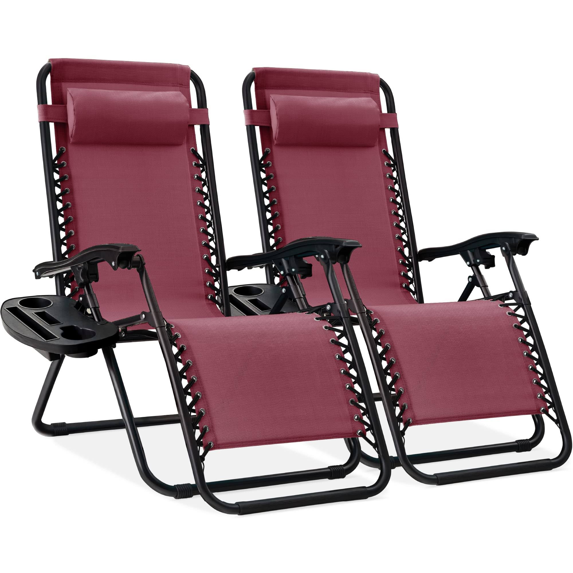 Best Choice Products Set of 2 Adjustable Steel Mesh Zero Gravity Lounge Chair Recliners w/Pillows and Cup Holder Trays   Burgundy