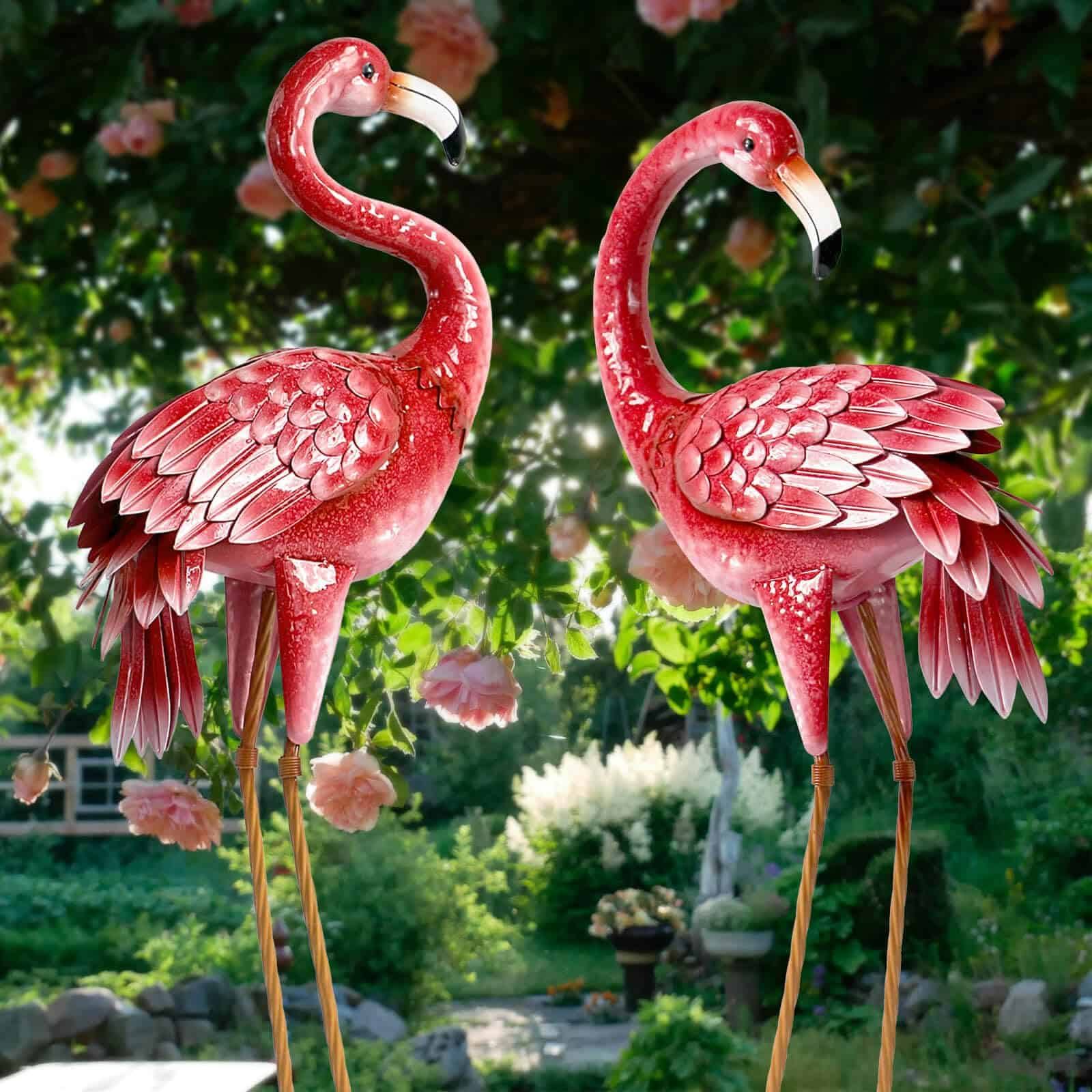 Kircust Flamingo Garden Statues and Sculptures, Metal Birds Yard Art Outdoor Statue (2-Pack)