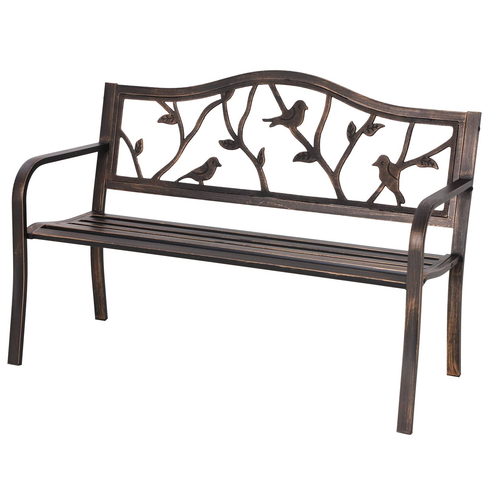 Sophia   William Outdoor Bench, Porch Bench, Garden Bench, Wrought Iron Bench, Outdoor Bench with Backrest and Armrests, Bronze