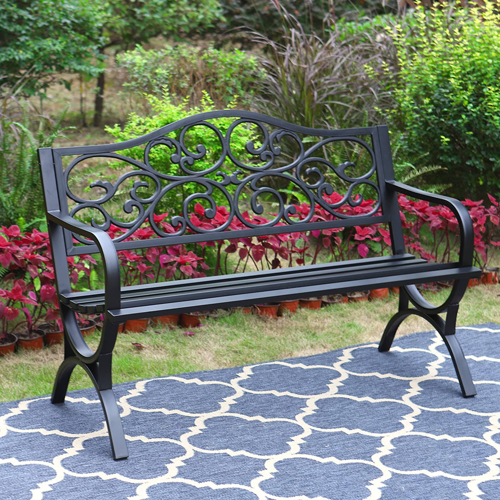 MFSTUDIO 50 Inches Outdoor Garden Bench, Cast Iron Metal Frame Patio Park Bench with Floral Pattern Backrest, Black