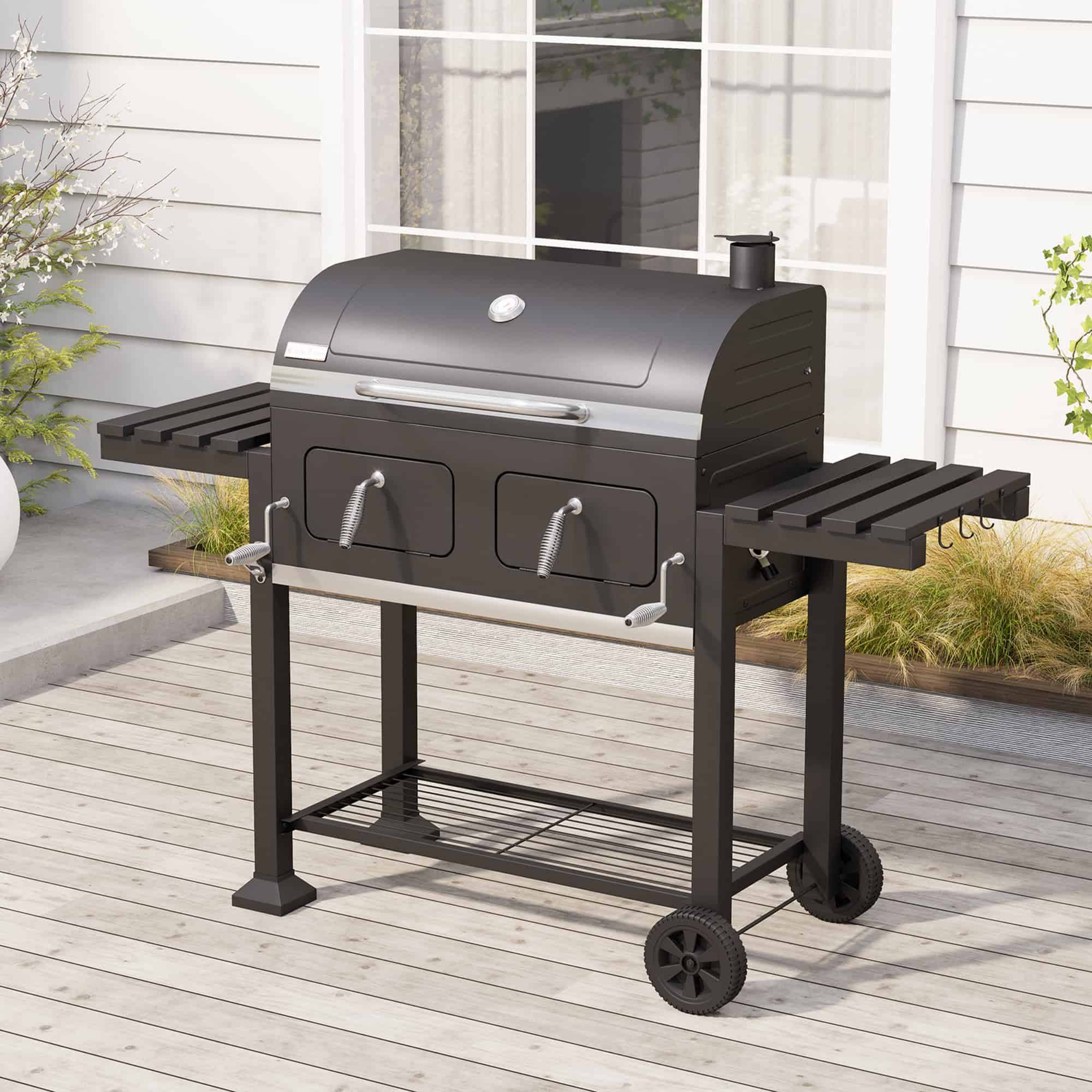 Alphamarts 34  Barrel Charcoal Grill with Two Individual Liftable Charcoal Trays to Achieve Dual Zone Cooking
