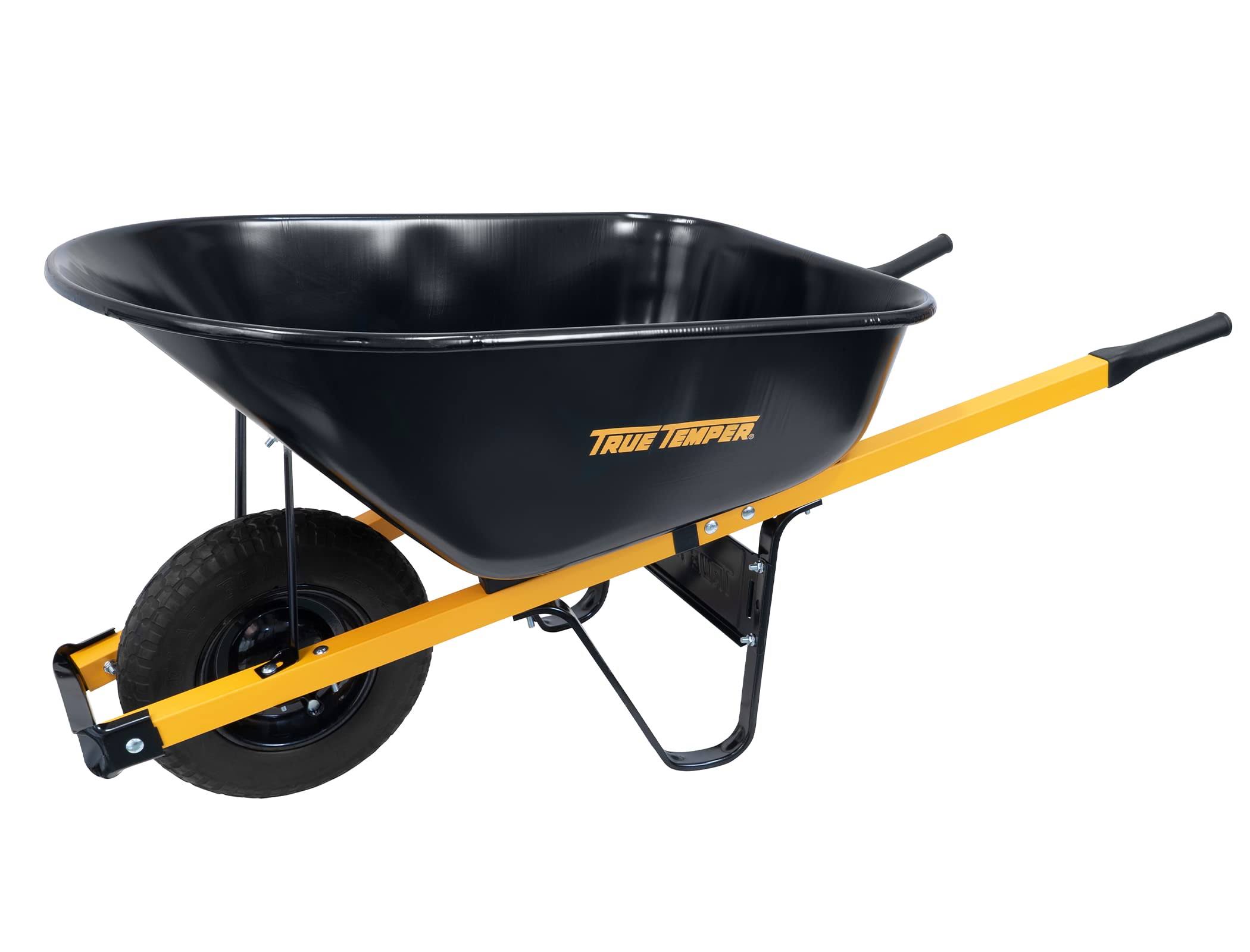 True Temper R6STFFEC 6 Cu. Ft Steel Tray Wheelbarrow with Never Flat Tire   Steel Handles, Black